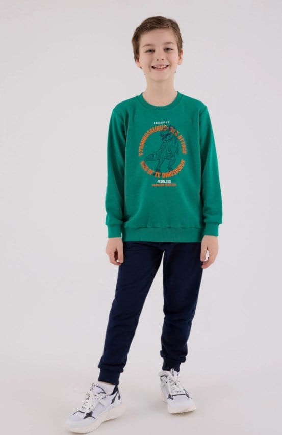 RolyPoly Erkek Çocuk Dinozor Baskılı Yeşil Bisiklet Yaka Sweatshirt ve Eşofman Takımı 2-8 Yaş KOYU YEŞİL