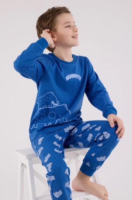 RolyPoly Erkek Çocuk Mamut Baskılı Uzun Kollu Pamuklu Pijama Takımı 2-8 Yaş COBALT
