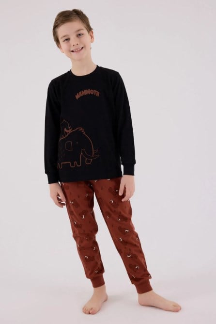 RolyPoly Erkek Çocuk Mamut Baskılı Uzun Kollu Pamuklu Pijama Takımı 2-8 Yaş SİYAH