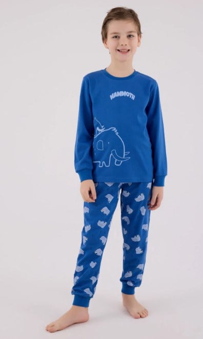 RolyPoly Erkek Çocuk Mamut Baskılı Uzun Kollu Pamuklu Pijama Takımı 2-8 Yaş COBALT
