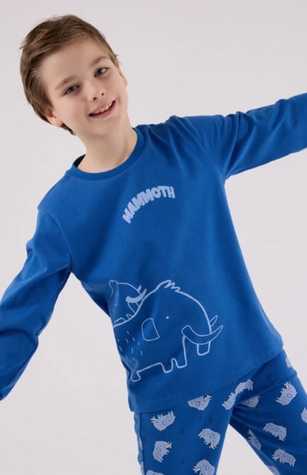 RolyPoly Erkek Çocuk Mamut Baskılı Uzun Kollu Pamuklu Pijama Takımı 2-8 Yaş COBALT