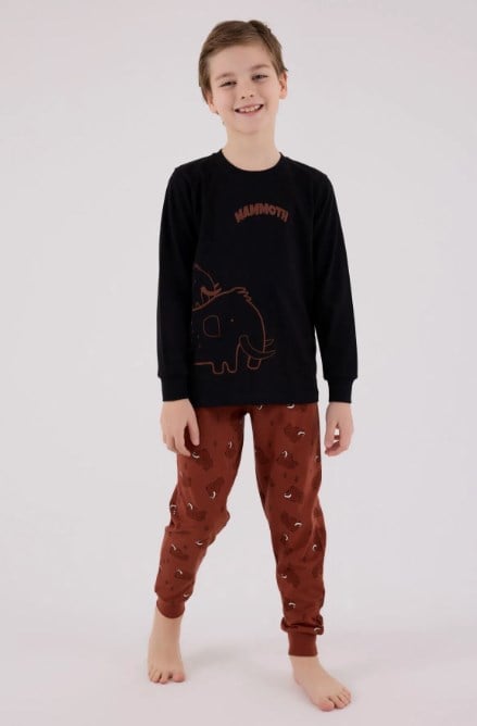 RolyPoly Erkek Çocuk Mamut Baskılı Uzun Kollu Pamuklu Pijama Takımı 2-8 Yaş SİYAH