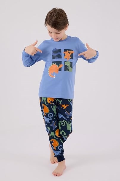Rolypoly Erkek Çocuk Pamuklu Dinozor Baskılı Uzun Kol Pijama Takımı 2-8 Yaş İNDİGO