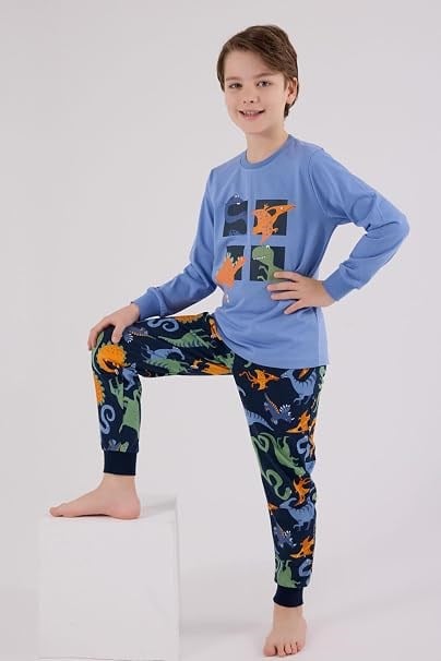 Rolypoly Erkek Çocuk Pamuklu Dinozor Baskılı Uzun Kol Pijama Takımı 2-8 Yaş İNDİGO