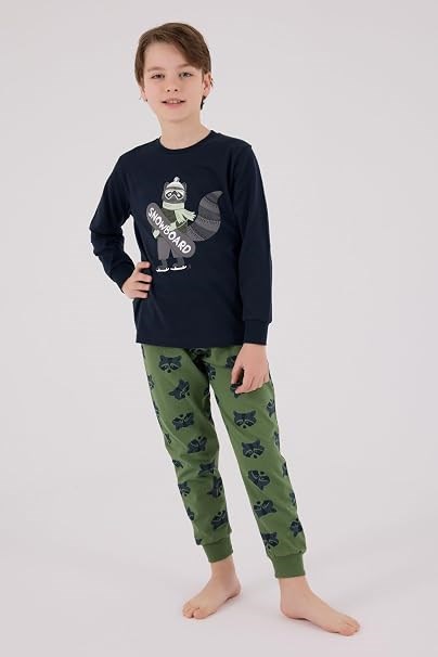 Rolypoly Erkek Çocuk Snowboard Rakun Baskılı Uzun Kol Pijama Takımı 2-8 Yaş NAVY