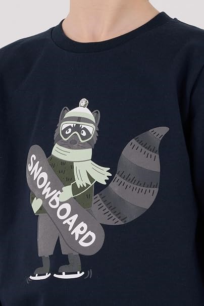 Rolypoly Erkek Çocuk Snowboard Rakun Baskılı Uzun Kol Pijama Takımı 2-8 Yaş NAVY
