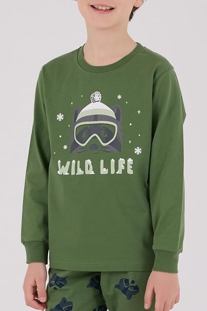 Rolypoly Erkek Çocuk Wild Life Baskılı Pamuklu Pijama Takımı 2-8 Yaş KOYU YEŞİL