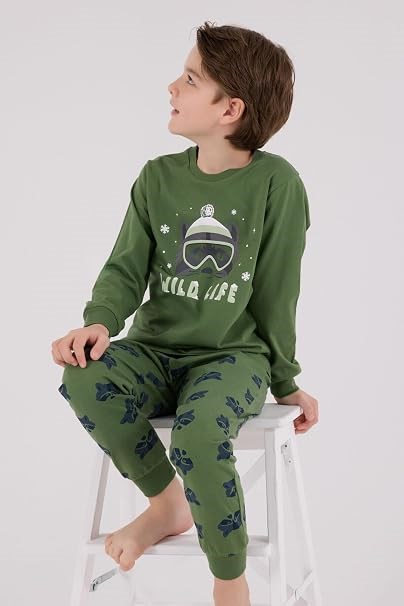 Rolypoly Erkek Çocuk Wild Life Baskılı Pamuklu Pijama Takımı 2-8 Yaş KOYU YEŞİL