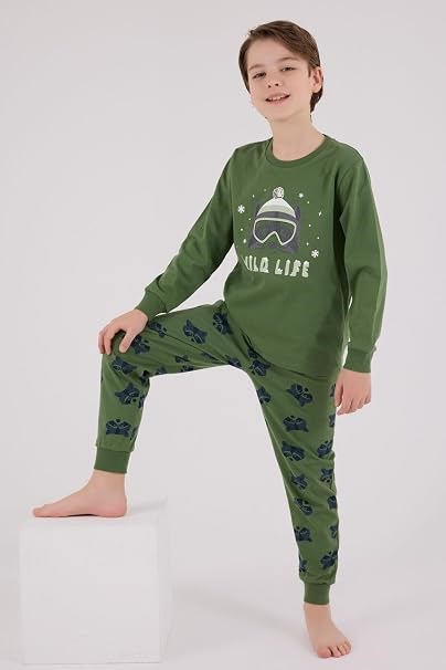 Rolypoly Erkek Çocuk Wild Life Baskılı Pamuklu Pijama Takımı 2-8 Yaş KOYU YEŞİL