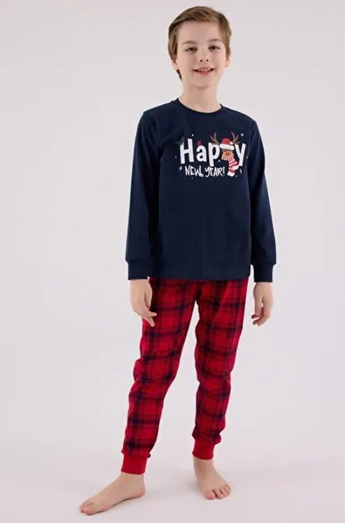 Rolypoly Erkek Çocuk Yılbaşı Temalı Ekose Pijama Takım 2-8 Yaş LACİVERT