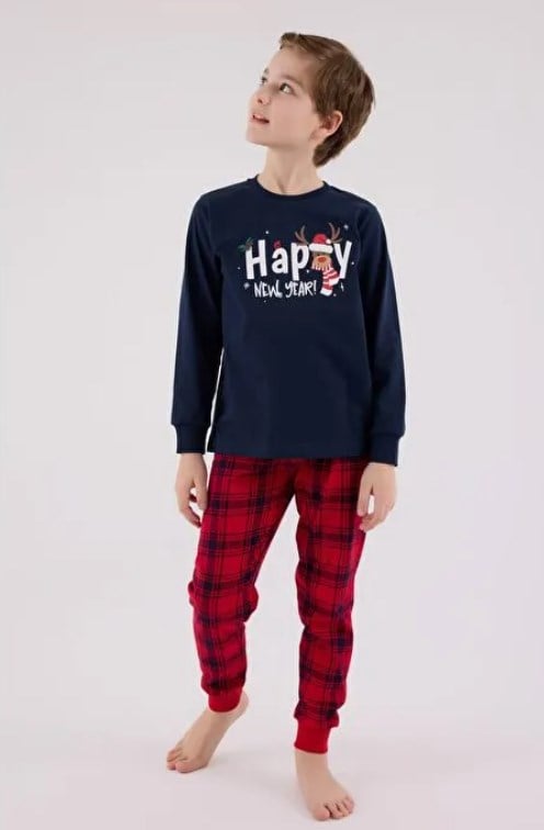 Rolypoly Erkek Çocuk Yılbaşı Temalı Ekose Pijama Takım 8-15 Yaş LACİVERT
