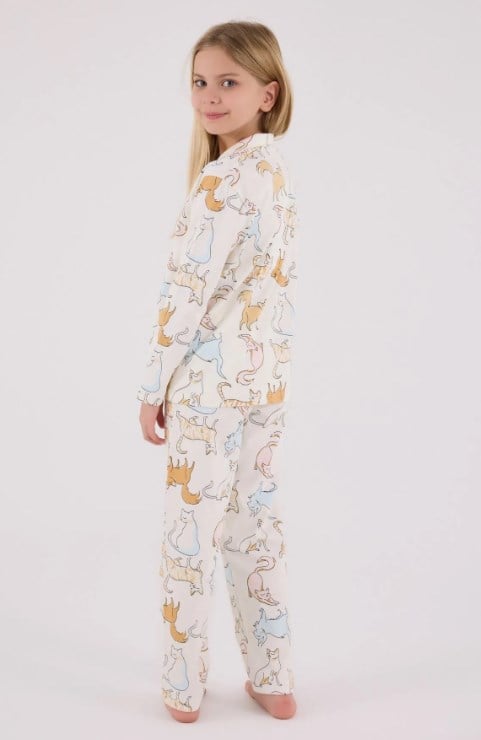 Rolypoly Kedi Desenli Düğmeli Kız Çocuk Gömlek Pijama Takımı 8-15 Yaş BEYAZ