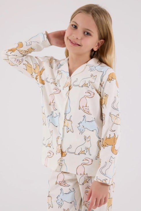 Rolypoly Kedi Desenli Düğmeli Kız Çocuk Gömlek Pijama Takımı 8-15 Yaş BEYAZ
