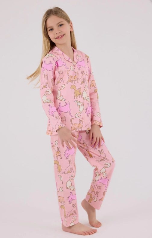Rolypoly Kedi Desenli Düğmeli Kız Çocuk Gömlek Pijama Takımı 8-15 Yaş PEMBE
