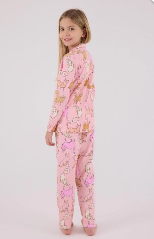 Rolypoly Kedi Desenli Düğmeli Kız Çocuk Gömlek Pijama Takımı 8-15 Yaş PEMBE