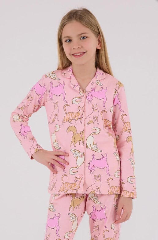 Rolypoly Kedi Desenli Düğmeli Kız Çocuk Gömlek Pijama Takımı 8-15 Yaş PEMBE