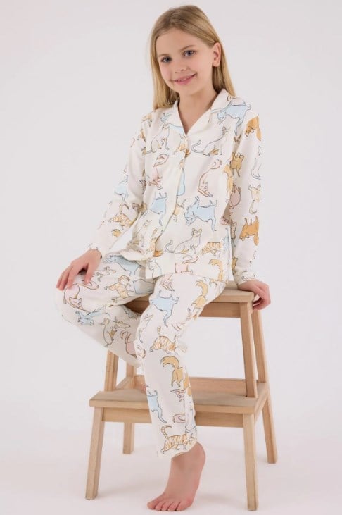 Rolypoly Kedi Desenli Düğmeli Kız Çocuk Gömlek Pijama Takımı 8-15 Yaş BEYAZ
