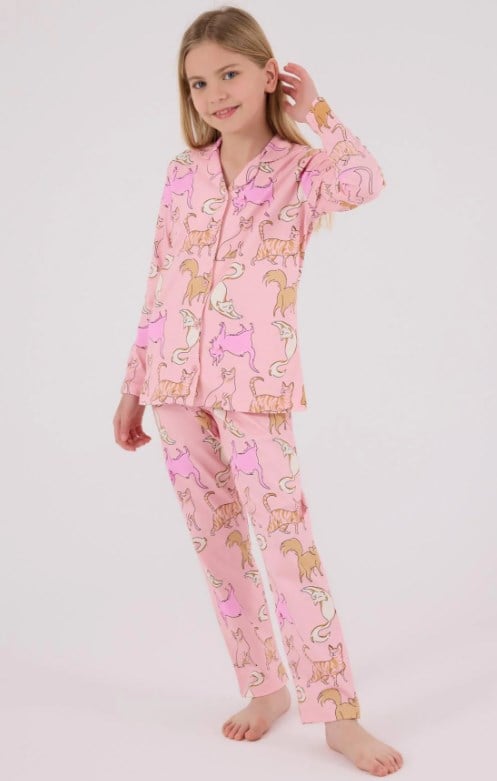 Rolypoly Kedi Desenli Düğmeli Kız Çocuk Gömlek Pijama Takımı 8-15 Yaş PEMBE