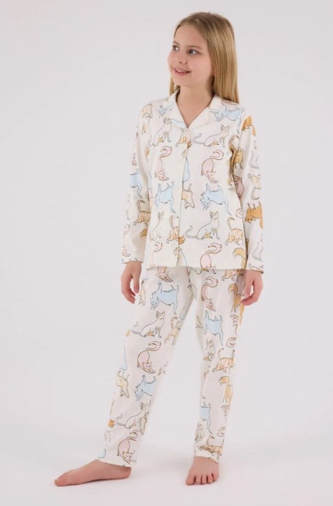 Rolypoly Kedi Desenli Düğmeli Kız Çocuk Gömlek Pijama Takımı 8-15 Yaş BEYAZ