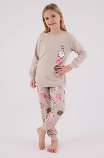 Rolypoly Kız Çocuk Capipara Baskı Pijama Takımı 2-8  Yaş BEJ