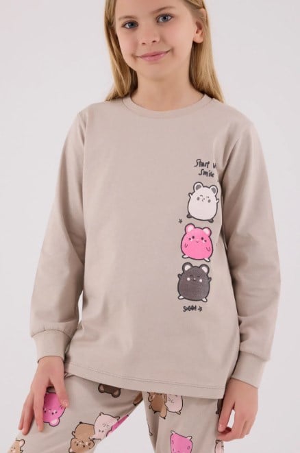 Rolypoly Kız Çocuk Capipara Baskı Pijama Takımı 2-8  Yaş BEJ