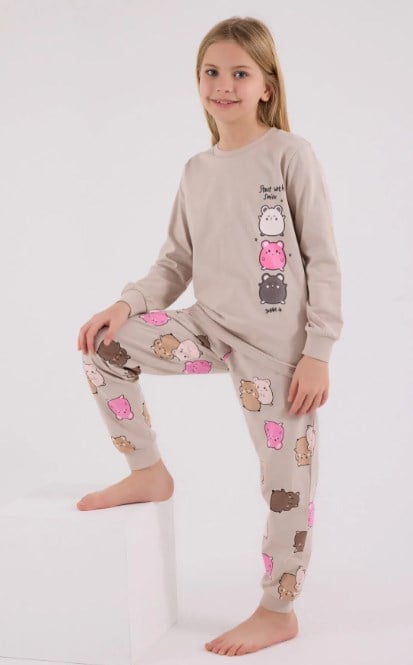 Rolypoly Kız Çocuk Capipara Baskı Pijama Takımı 2-8  Yaş BEJ