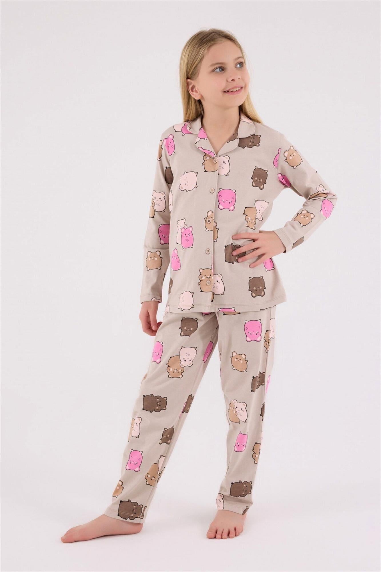 Rolypoly Kız Çocuk Gömlek Pijama Takımı  Sevimli Karakter Baskılı Önden Düğmeli Set 2-8 Yaş BEJ