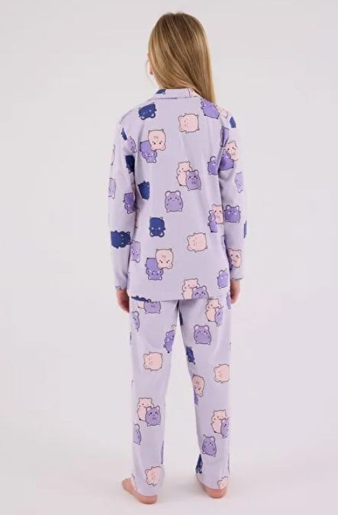 Rolypoly Kız Çocuk Gömlek Pijama Takımı  Sevimli Karakter Baskılı Önden Düğmeli Set 2-8 Yaş LİLA