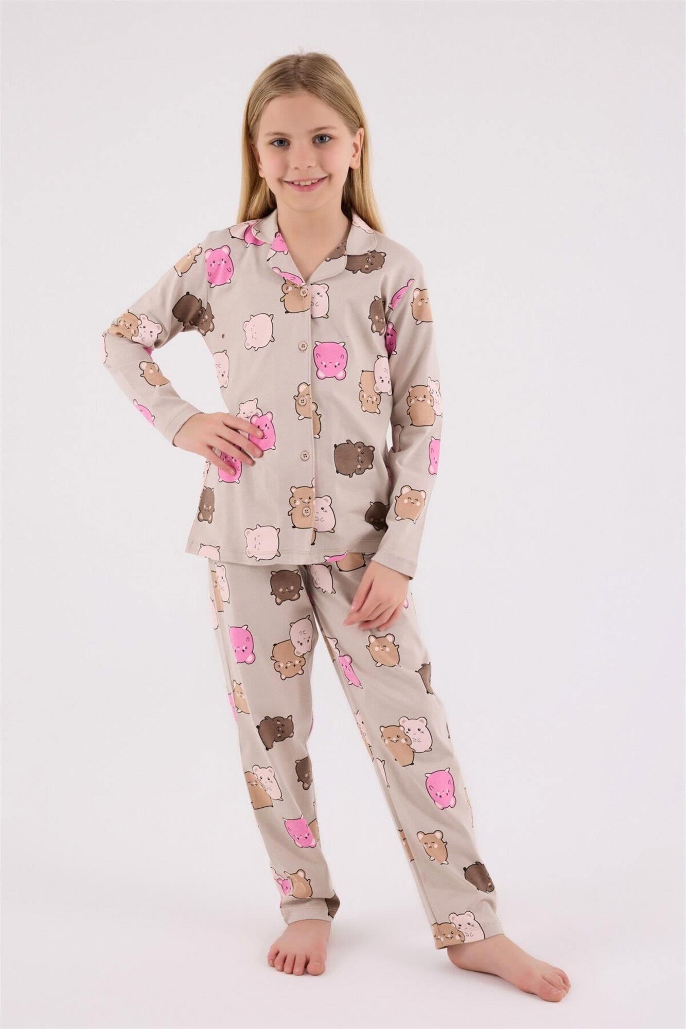 Rolypoly Kız Çocuk Gömlek Pijama Takımı Sevimli Karakter Baskılı  Önden Düğmeli Set 8-15 Yaş BEJ