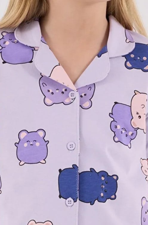 Rolypoly Kız Çocuk Gömlek Pijama Takımı  Sevimli Karakter Baskılı Önden Düğmeli Set 2-8 Yaş LİLA