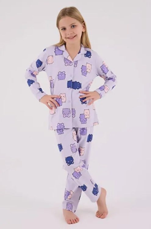 Rolypoly Kız Çocuk Gömlek Pijama Takımı  Sevimli Karakter Baskılı Önden Düğmeli Set 2-8 Yaş LİLA