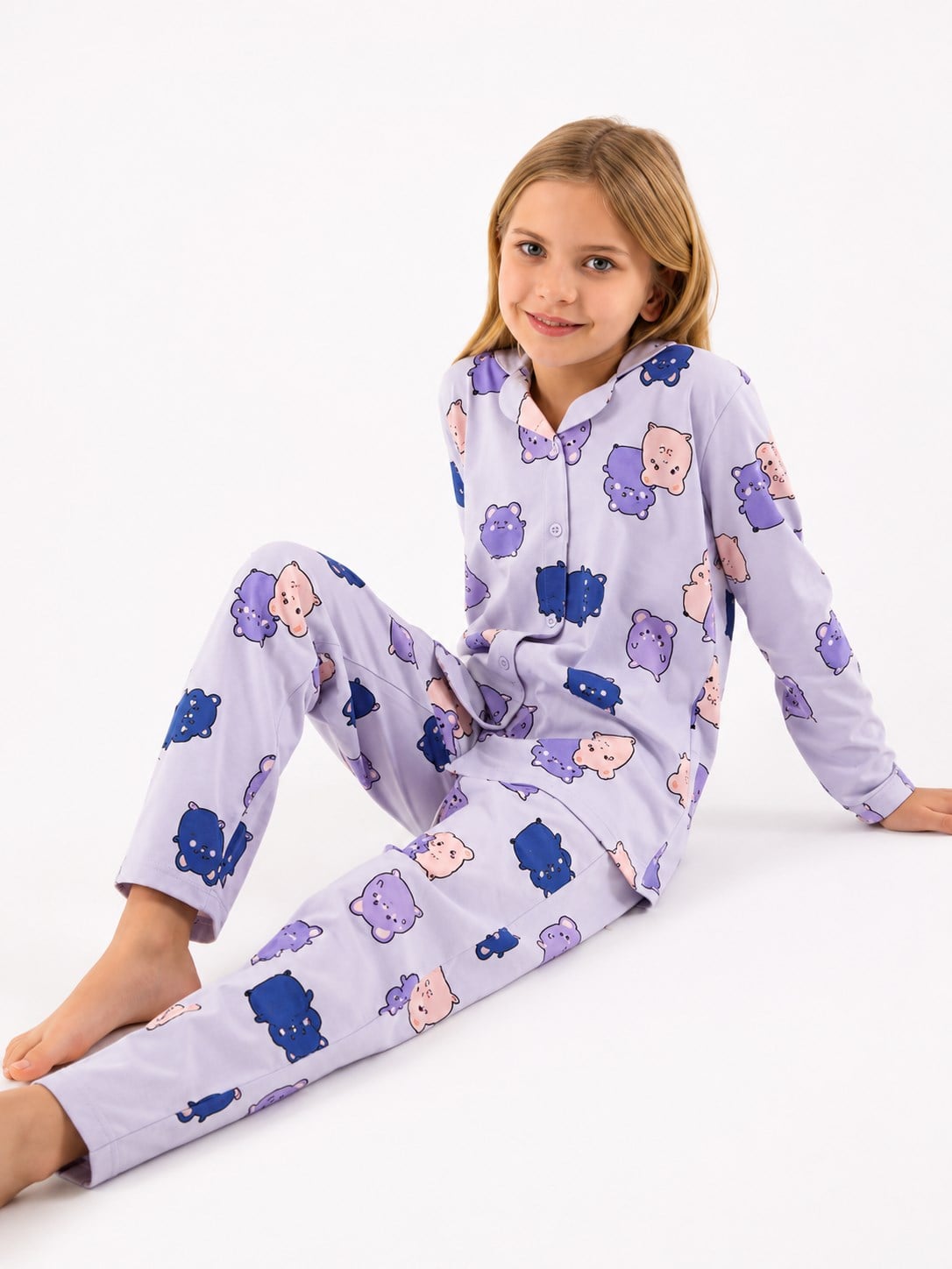 Rolypoly Kız Çocuk Gömlek Pijama Takımı  Sevimli Karakter Baskılı Önden Düğmeli Set 2-8 Yaş LİLA