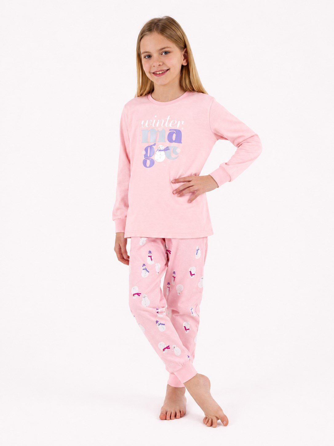 Rolypoly Kız Çocuk Kardan Adam Baskı Pijama  Takımı 8-15   Yaş AÇIK PEMBE