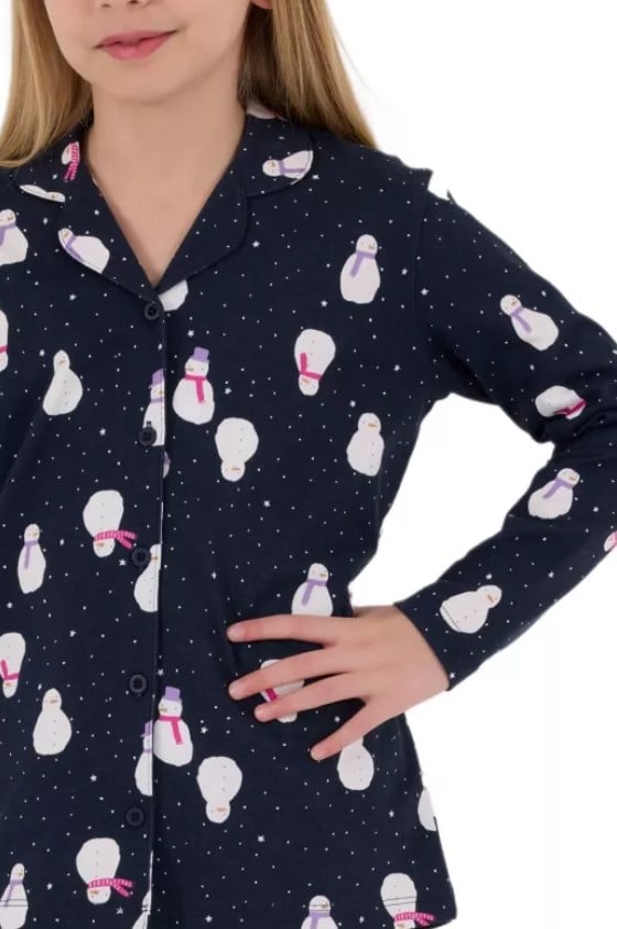Rolypoly Kız Çocuk Kardan Adam Desenli Düğmeli Gömlek Pijama Takım 2-8 Yaşı LACİVERT