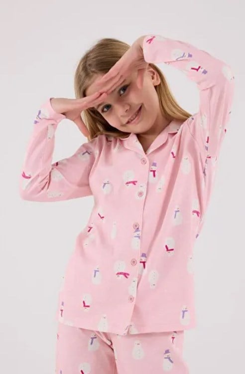 Rolypoly Kız Çocuk Kardan Adam Desenli Düğmeli Gömlek Pijama Takım 2-8 Yaşı PEMBE