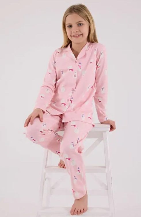Rolypoly Kız Çocuk Kardan Adam Desenli Düğmeli Gömlek Pijama Takım 2-8 Yaşı PEMBE