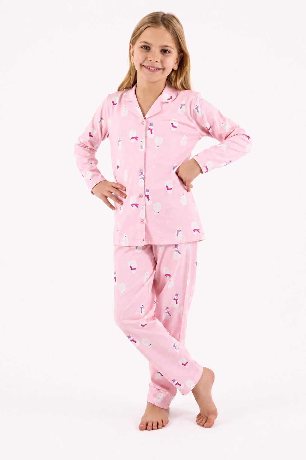 Rolypoly Kız Çocuk Kardan Adam Desenli Düğmeli Gömlek Pijama Takım 2-8 Yaşı PEMBE