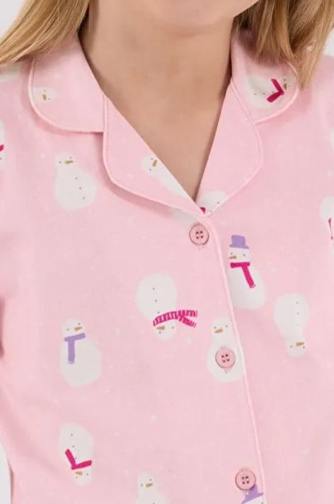 Rolypoly Kız Çocuk Kardan Adam Desenli Düğmeli Gömlek Pijama Takım 2-8 Yaşı PEMBE