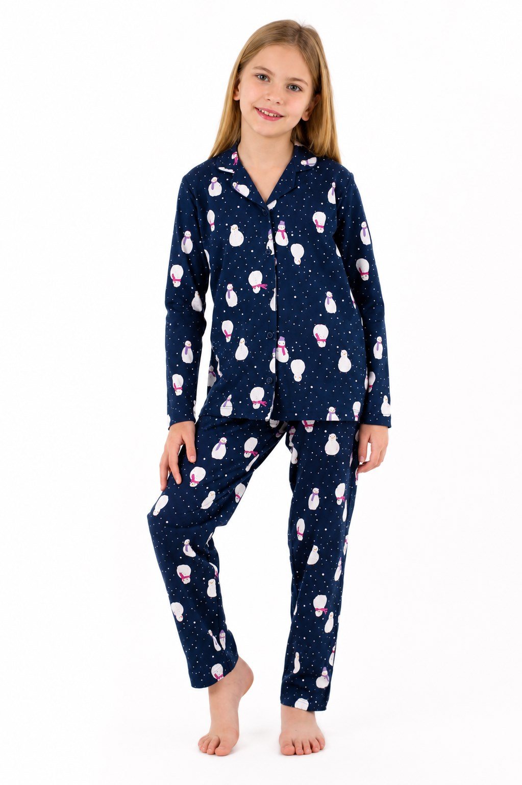 Rolypoly Kız Çocuk Kardan Adam Desenli Düğmeli Gömlek Pijama Takım 2-8 Yaşı LACİVERT