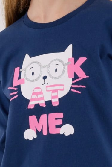 Rolypoly Kız Çocuk Kedi Baskılı Uzun Kol Pamuklu Pijama Takımı 2-8 Yaş KOYU İNDİGO