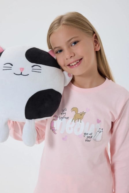 RolyPoly Kız Çocuk Kedi Baskılı Uzun Kollu Pijama Takımı 2-8 Yaş AÇIK PEMBE