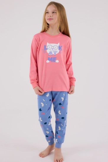 Rolypoly Kız Çocuk Kedi Baskılı Uzun Kol Pamuklu Pijama Takımı 2-8 Yaş NEON PEMBE