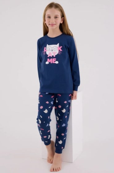 Rolypoly Kız Çocuk Kedi Baskılı Uzun Kol Pamuklu Pijama Takımı 2-8 Yaş KOYU İNDİGO