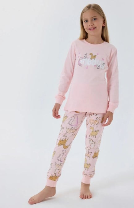 RolyPoly Kız Çocuk Kedi Baskılı Uzun Kollu Pijama Takımı 2-8 Yaş AÇIK PEMBE
