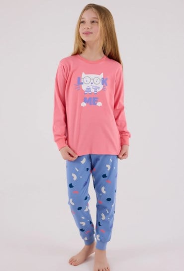Rolypoly Kız Çocuk Kedi Baskılı Uzun Kol Pamuklu Pijama Takımı 2-8 Yaş NEON PEMBE