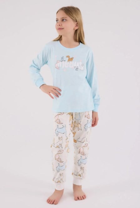 RolyPoly Kız Çocuk Kedi Baskılı Uzun Kollu Pijama Takımı 2-8 Yaş MAVİ
