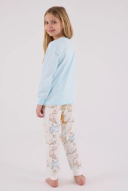 RolyPoly Kız Çocuk Kedi Baskılı Uzun Kollu Pijama Takımı 2-8 Yaş MAVİ