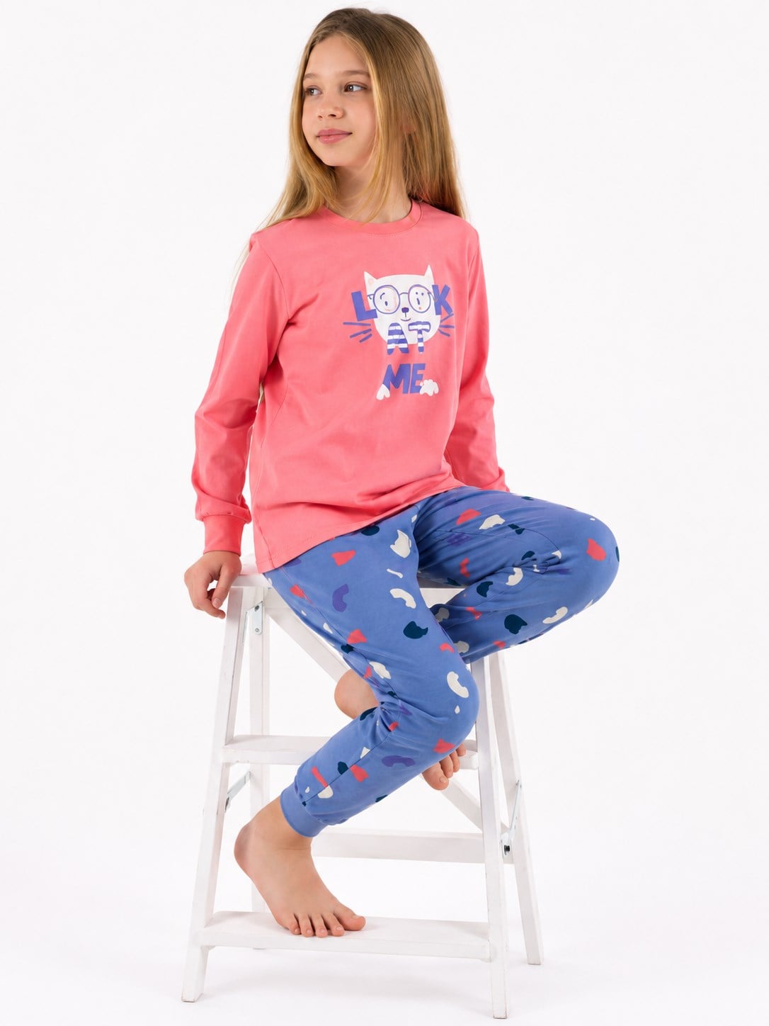 Rolypoly Kız Çocuk Kedi Baskılı Uzun Kol Pamuklu Pijama Takımı 2-8 Yaş NEON PEMBE