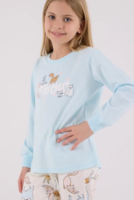 RolyPoly Kız Çocuk Kedi Baskılı Uzun Kollu Pijama Takımı 2-8 Yaş MAVİ
