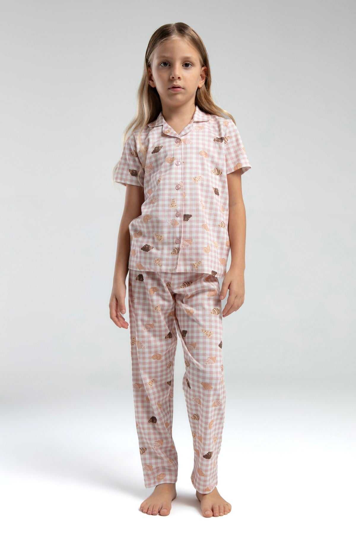 Rolypoly Kız Çocuk Kruvasan Baskı Düğmeli Pijama  Takımı  8-15  Yaş PUDRA